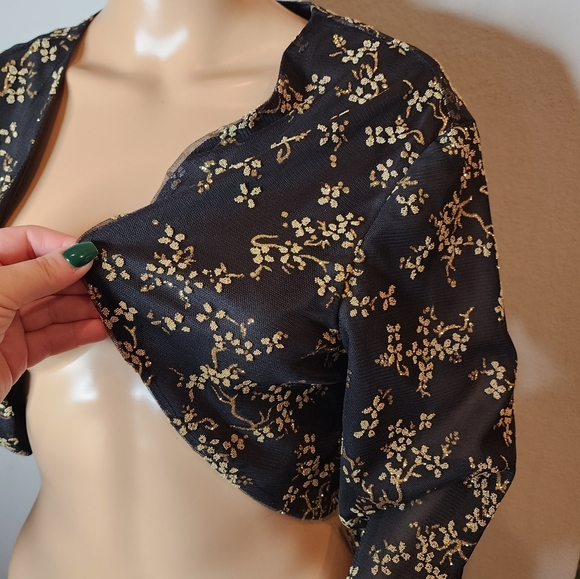 Alyssa Metallic Gold Black Mesh Shrug Jacket Open Front Crop Long Sleeve XXL - Picture 8 of 15